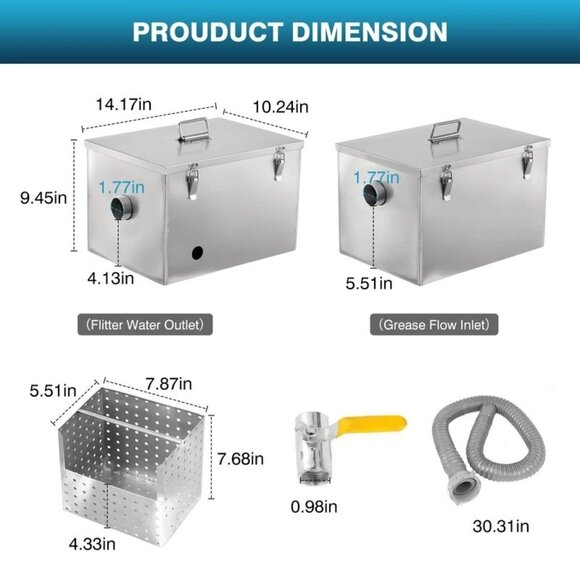 8lbs Commercial Grease Trap Stainless Steel Side Inlet Oil Water Separator - Picture 2 of 9